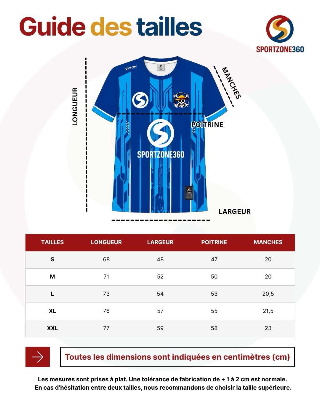 Guide des tailles Sportzone360, dimensions en cm mesurées à plat — S : longueur 68, largeur 48, poitrine 47, manches 20 · M : 71, 52, 50, 20 · L : 73, 54, 53, 20,5 · XL : 76, 57, 55, 21,5 · XXL : 77, 59, 58, 23. Tolérance de fabrication +1 à 2 cm ; en cas d'hésitation entre deux tailles, choisir la taille supérieure.